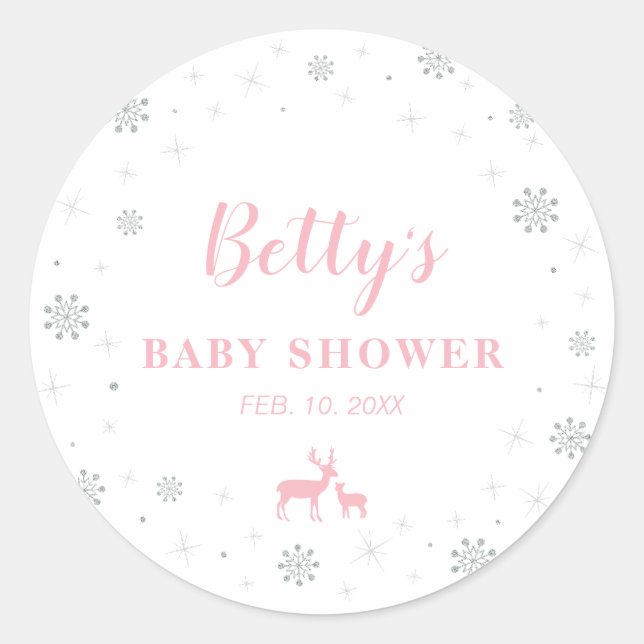 Winter wonderland, Silver & Pink Baby Shower Classic Round Sticker (Front)