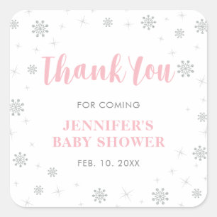 Winter wonderland, Silver & Pink Baby Shower Favou Square Sticker