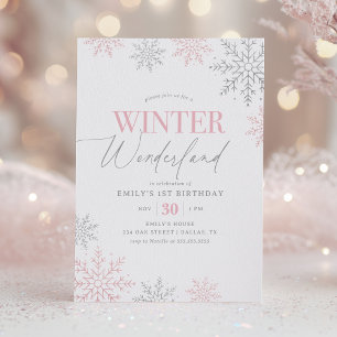 Winter Wonderland Silver Pink Glitter 1st Birthday Invitation
