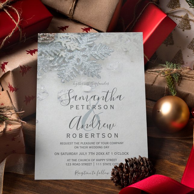 Winter wonderland silver snow typography wedding invitation (Creator Uploaded)