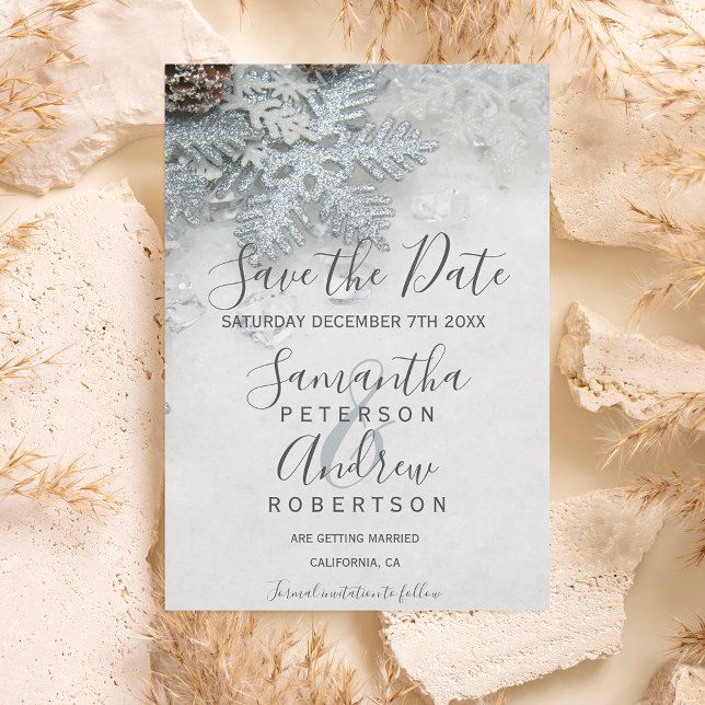 Winter wonderland silver snow typography wedding save the date (Creator Uploaded)