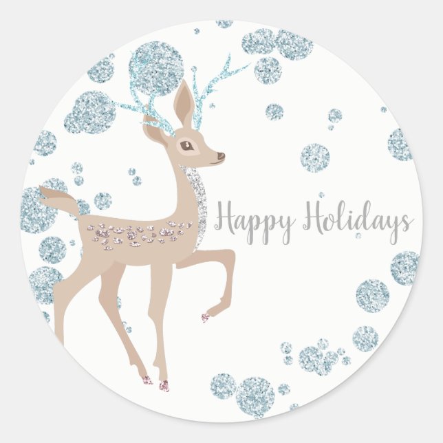 Winter Wonderland Silver Sparkle Deer Party Favour Classic Round Sticker (Front)