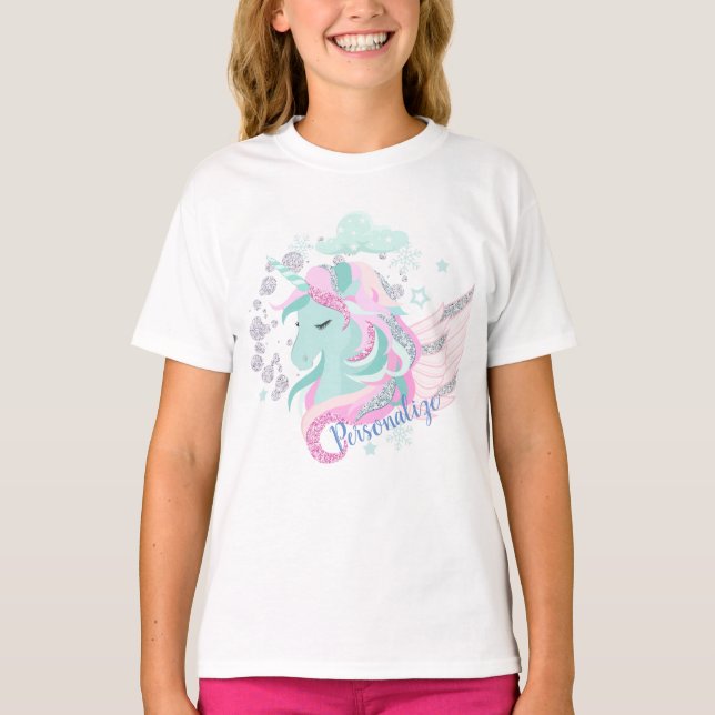Winter Wonderland Silver Sparkle Unicorn Persoa T-Shirt (Front)