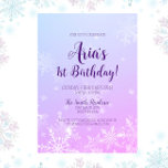 Winter Wonderland Snowflake 1st Birthday Invitation<br><div class="desc">Celebrate the birthday girl with this blue and purple Winter Wonderland Frozen Snowflake 1st Birthday Invitation! All text can be changed. Design features a blue and purple whimsical background with snowflakes and purple lettering.</div>