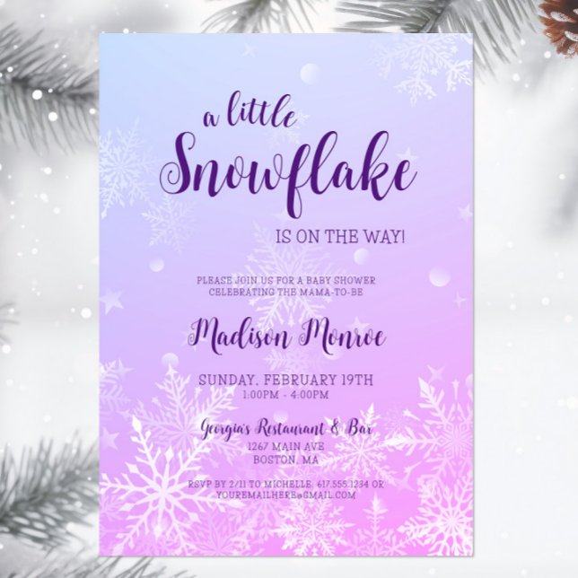 Winter Wonderland Snowflake Baby Shower Invitation (A little snowflake is on the way Baby Shower Invitation, Winter Wonderland Invite, Purple Blue )