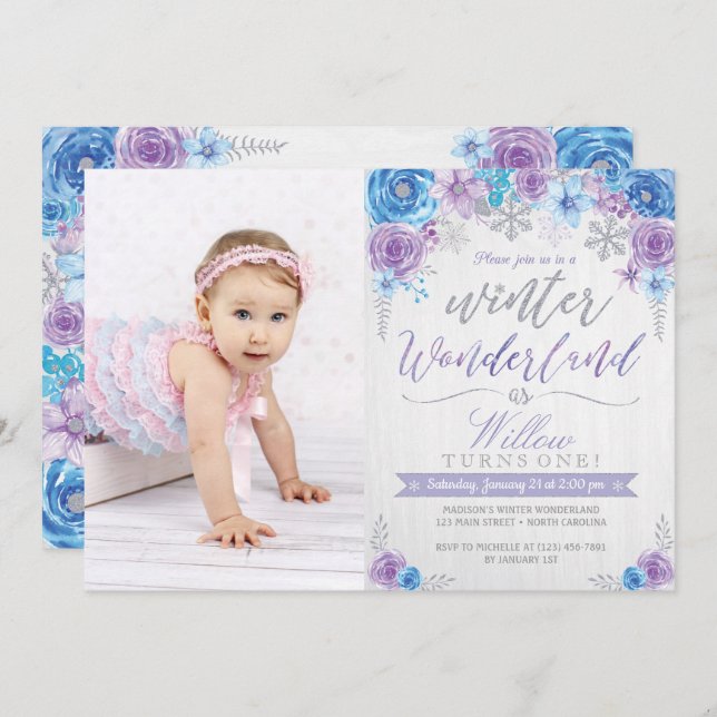 Winter Wonderland Snowflake Birthday Invitation (Front/Back)