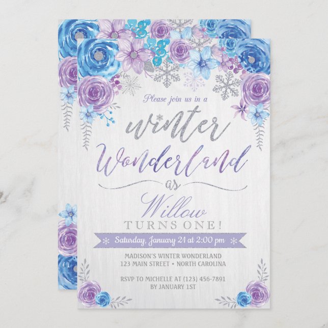 Winter Wonderland Snowflake Birthday Invitation (Front/Back)