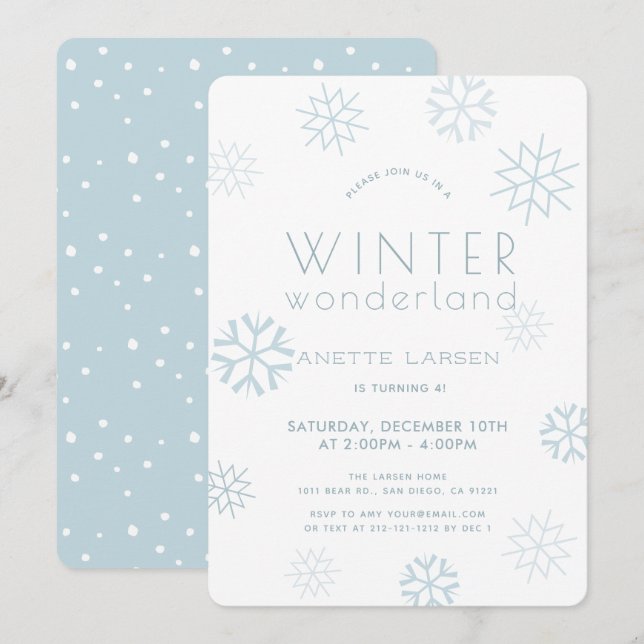 Winter Wonderland Snowflake Blue Birthday Invitation (Front/Back)
