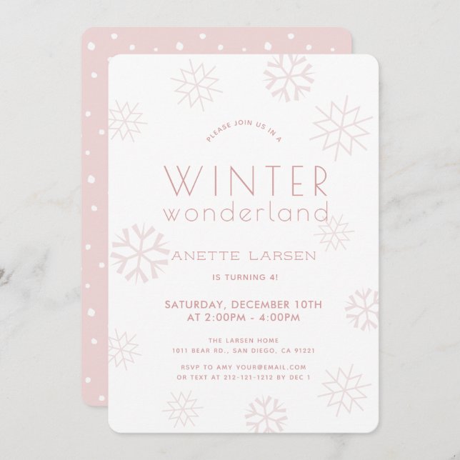 Winter Wonderland Snowflake Girl Pink Birthday Invitation (Front/Back)