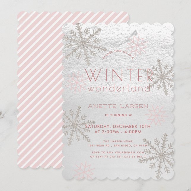 Winter Wonderland Snowflake Pink Girl Birthday Invitation (Front/Back)