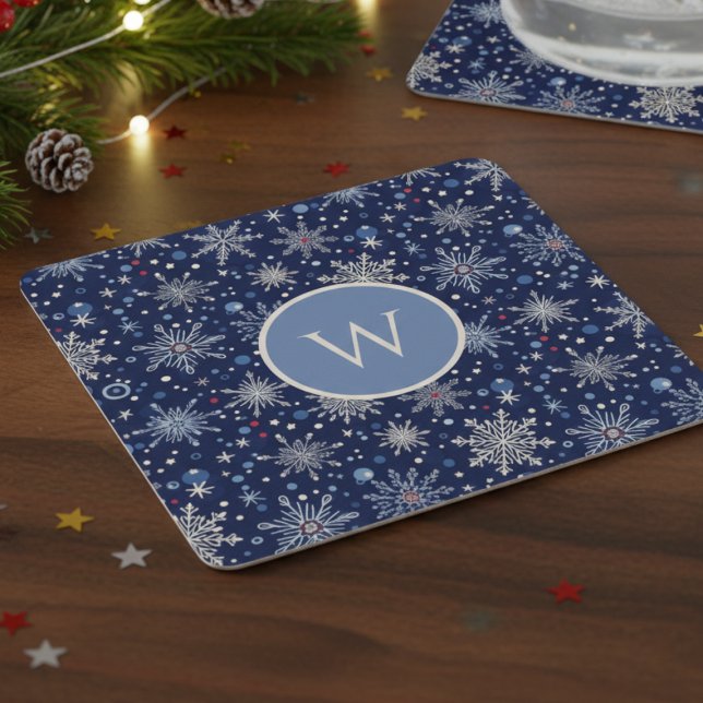 Winter Wonderland Snowflake Square Paper Coaster (Snowflake holiday initial drink coaster)
