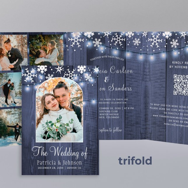 Winter wonderland snowflakes photo QR RSVP wedding Tri-Fold Invitation (Creator Uploaded)