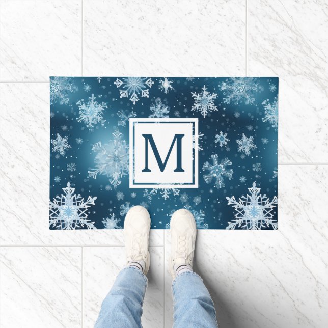 Winter Wonderland Snowflakes Snowfall Blue White Doormat (Indoor)