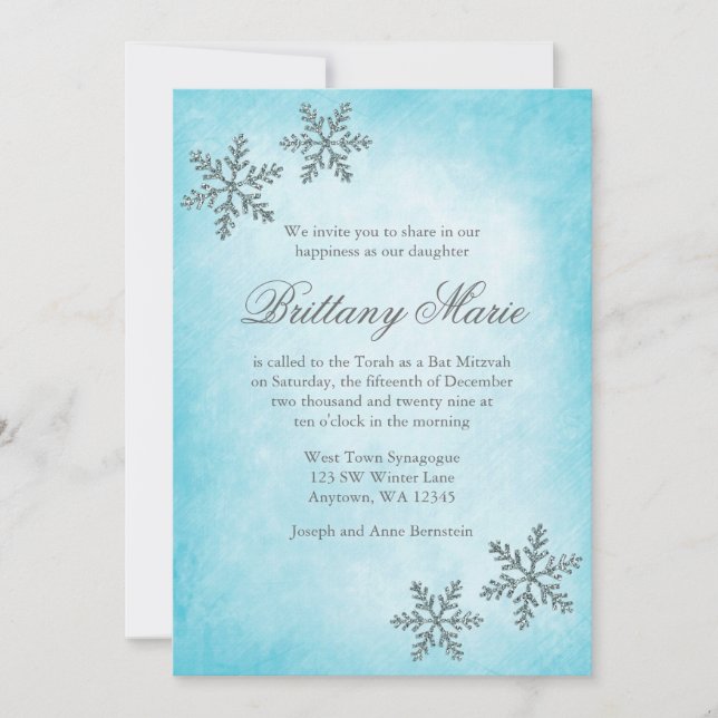 Winter Wonderland Snowflakes Teal Bat Mitzvah Invitation (Front)