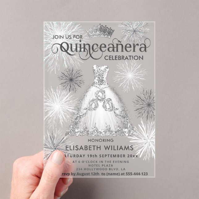 Winter wonderland Snowflakes tiara Quinceañera Acrylic Invitations (Insitu (Handheld))