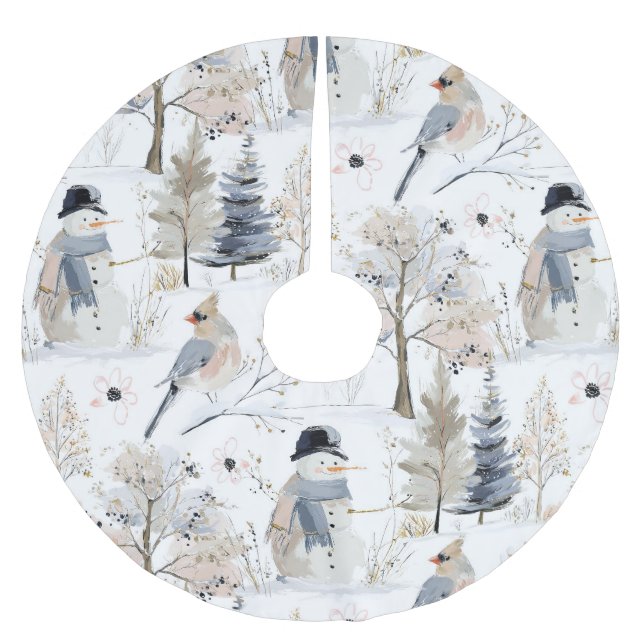 Winter Wonderland Snowman and Bird Pattern Brushed Polyester Tree Skirt (Front)