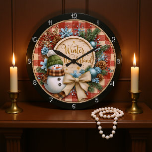 Winter Wonderland Snowman Plaid Large Clock