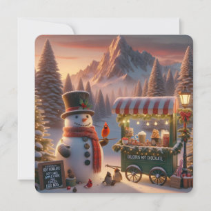Winter Wonderland Snowman's Hot Chocolate Cart Holiday Card