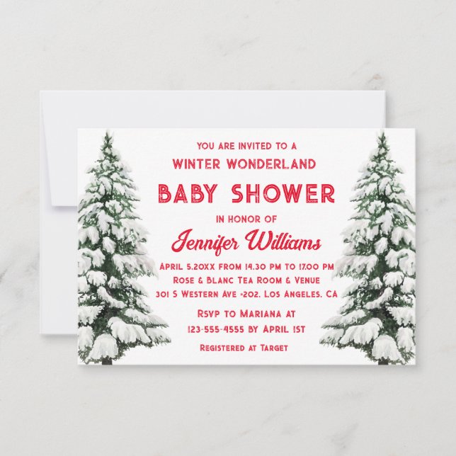 winter wonderland snowy pine trees baby shower red invitation (Front)