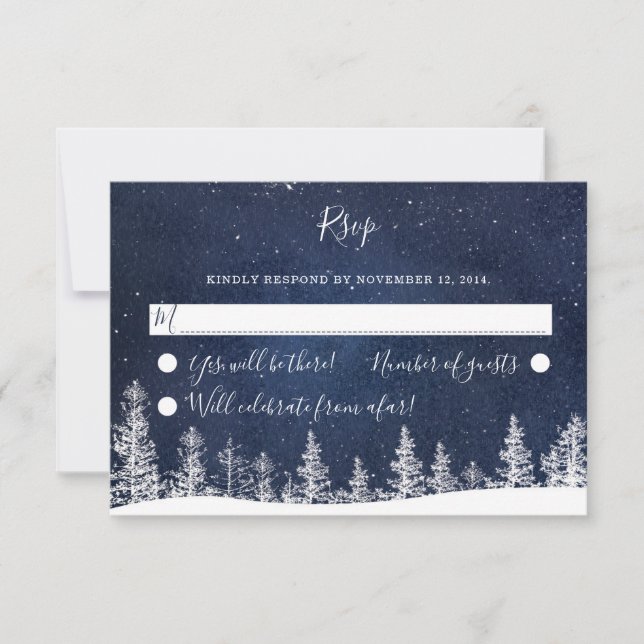 Winter Wonderland Starry Night Snow Forest Wedding RSVP Card (Front)