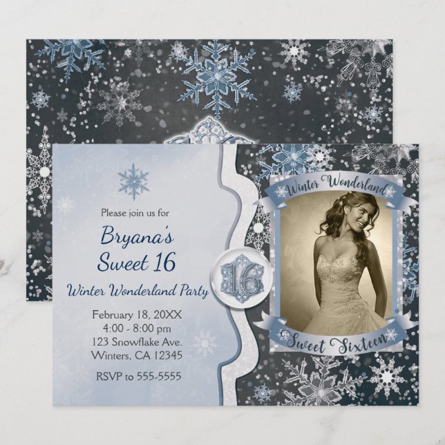 Winter Wonderland Sweet 16 Party Photo Invitations (Front/Back)