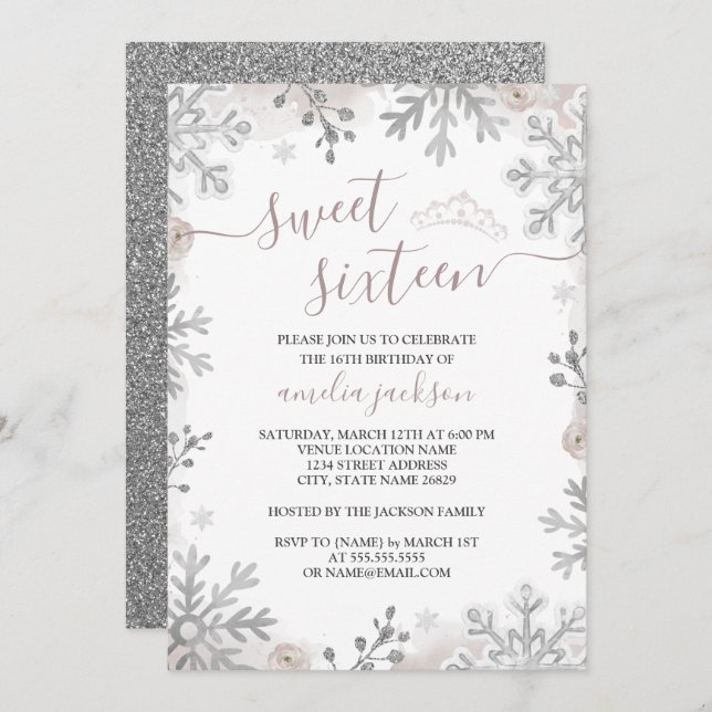 Winter Wonderland Sweet Sixteen Blush Silver Invitation (Front/Back)