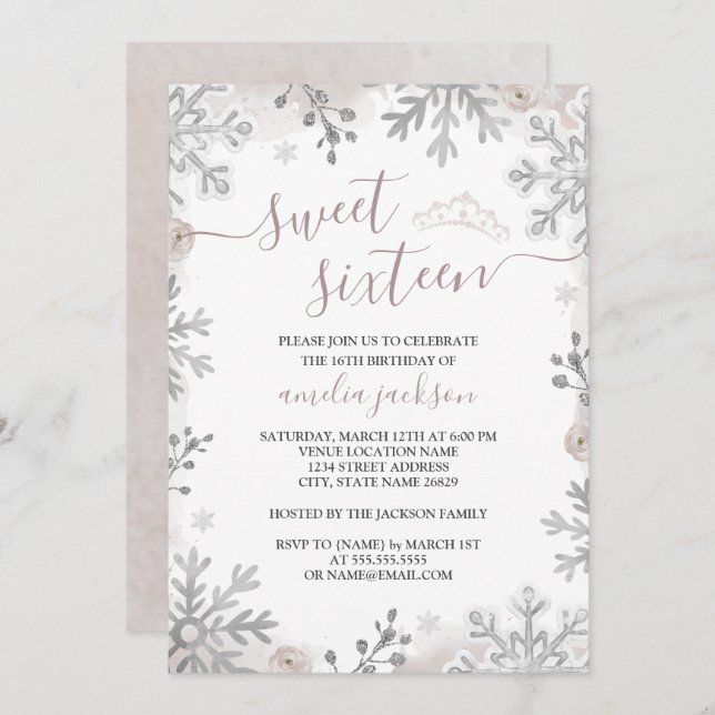 Winter Wonderland Sweet Sixteen Blush Tiara  Invitation (Front/Back)
