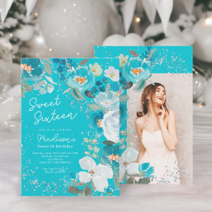 Winter Wonderland teal blue Floral Sweet Sixteen Invitation