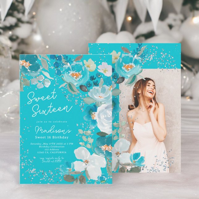 Winter Wonderland teal blue Floral Sweet Sixteen Invitation (Winter Wonderland teal blue Floral Sweet Sixteen Invitation)