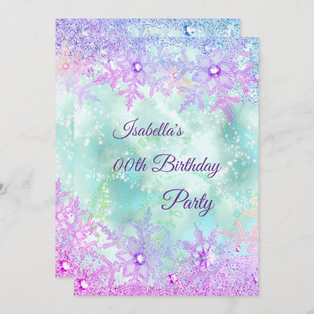 Winter Wonderland Teal Blue Purple Pink Party Invitation (Front/Back)