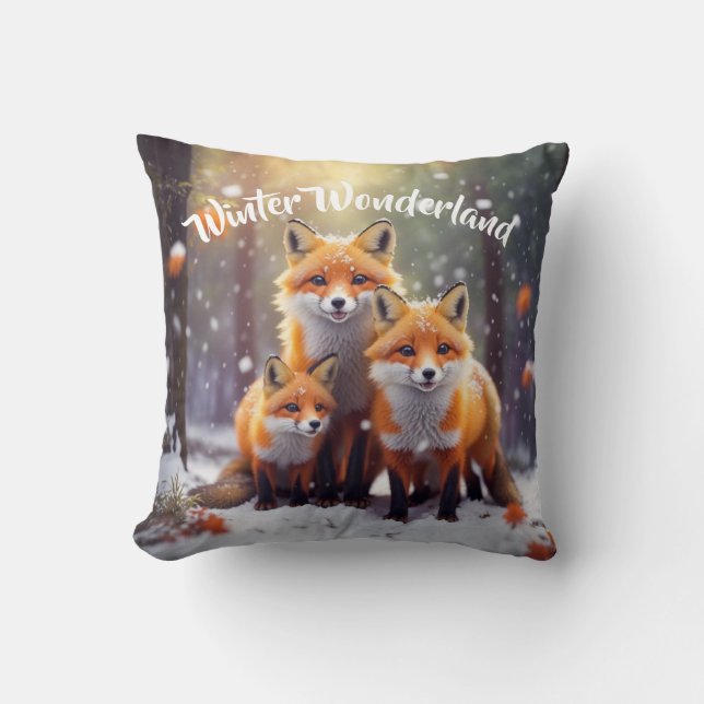 Winter Wonderland Throw Pillow Cute Smiling Foxes (Front)