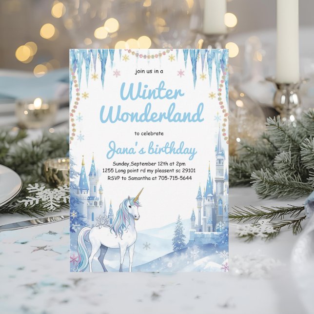 Winter Wonderland Unicorn Birthday Invitation (Creator Uploaded)