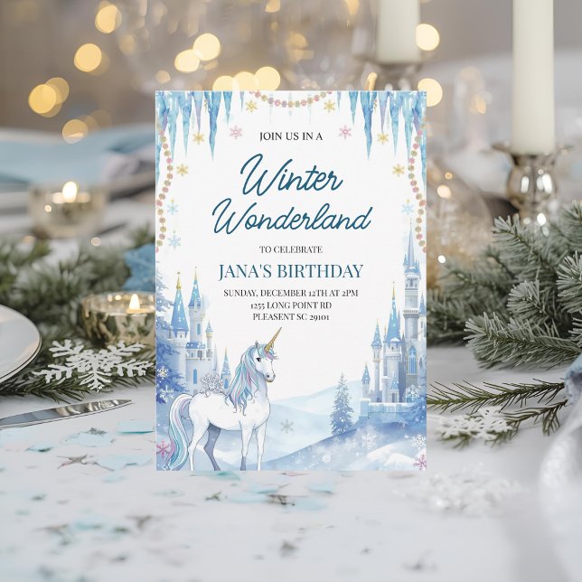 Winter Wonderland Unicorn Birthday Invitation (Creator Uploaded)