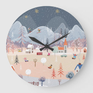 Winter Wonderland: Vintage Countryside Scene. Large Clock