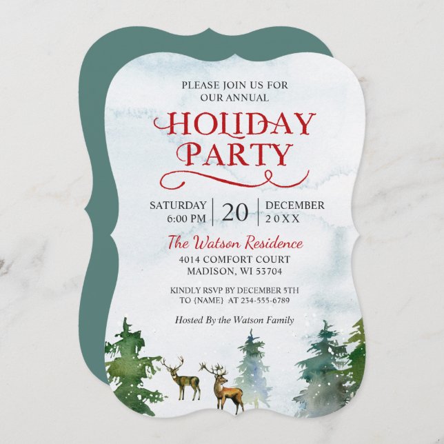 Winter Wonderland Watercolor Holiday Party Invitation (Front/Back)