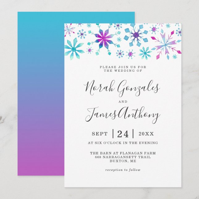 Winter Wonderland Wedding Colourful Snowfalkes Invitation (Front/Back)