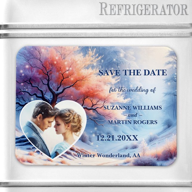 Winter Wonderland Wedding Photo Save the Date Magnet (Save the Date magnet featuring a painting of a tree with tiny snow flakes and custom heart photo)