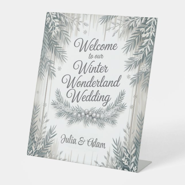 Winter Wonderland Wedding with Calligraphy Text Pedestal Sign (Front)
