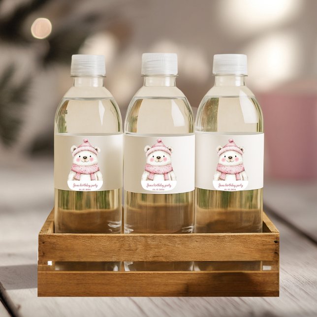 Winter Wonderland White Bear Birthday  Water Bottle Label (Creator Uploaded)