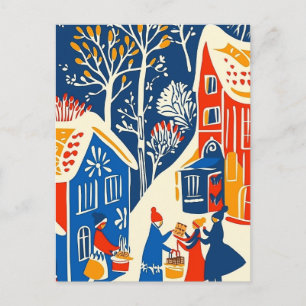 Winter Wonderland, Winter Market, Holiday folk art Postcard