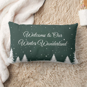 Winter Wonderland with Pine Tree Silhouettes Snow Lumbar Cushion