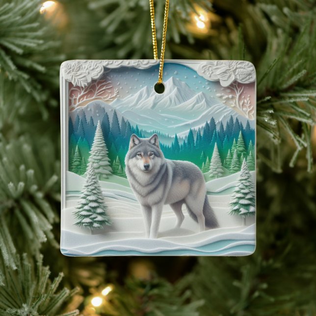 Winter Wonderland Wolf Personalized Christmas  Ceramic Ornament (Tree)