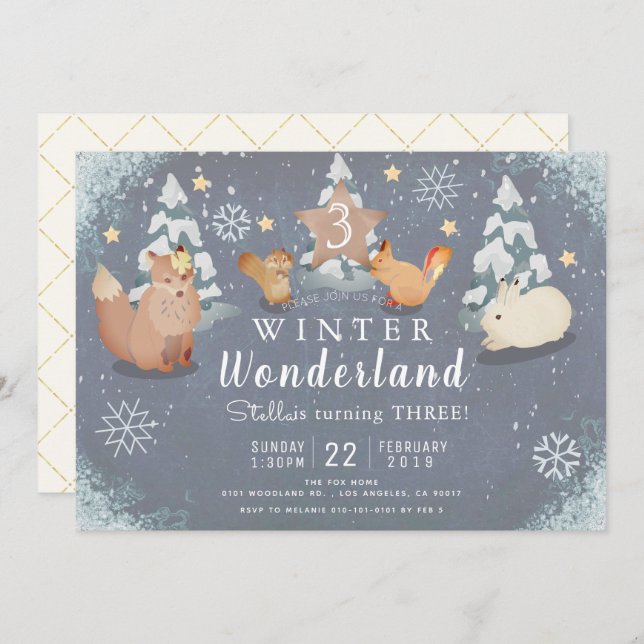 Winter Wonderland Woodland Animals Birthday Invitation (Front/Back)