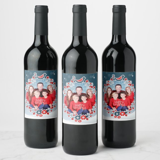 Winter Wonderland Your Photo Christmas Wreath Snow Wine Label (Bottles)