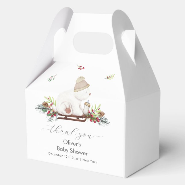 Winter Wooden Sleigh Polar Bear Baby Shower  Favour Box (Front)