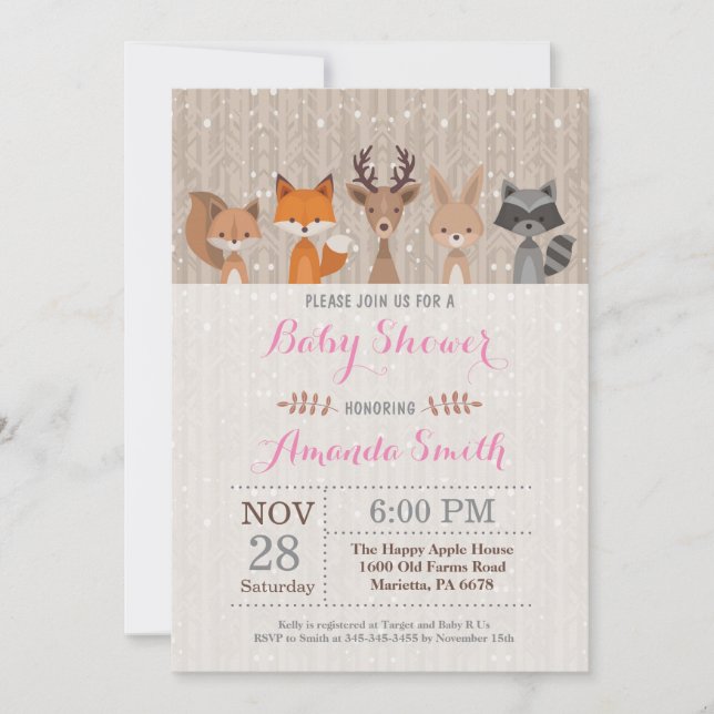 Winter Woodland Animal Girl Baby Shower Invitation (Front)