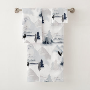 Winter woodland animal snow landscape stag owl bath towel set