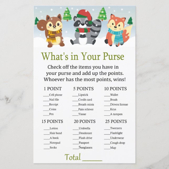 winter woodland animal What's in your purse game (Front)