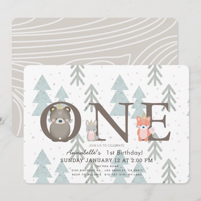 Winter Woodland Animals 1st Birthday Invitation (Front/Back)