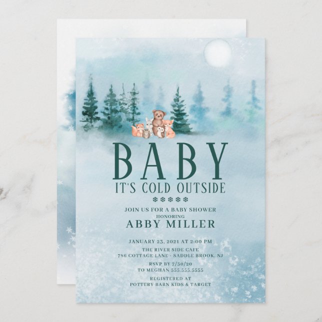 Winter Woodland Animals Baby It's Cold Outside Invitation (Front/Back)